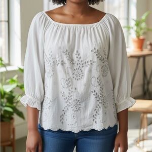Gracia White Blouse with Silver Embroidery sheer Large